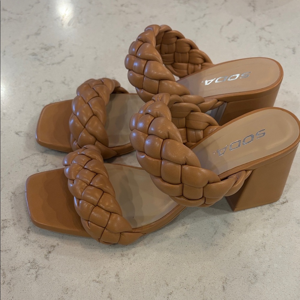 Women’s Braided Open Toe Double Strapped Stacked Heels